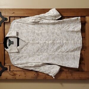 Woolrich Cotton White Tan Floral Print Shirred 3/4 Sleeve Blouse Size Med